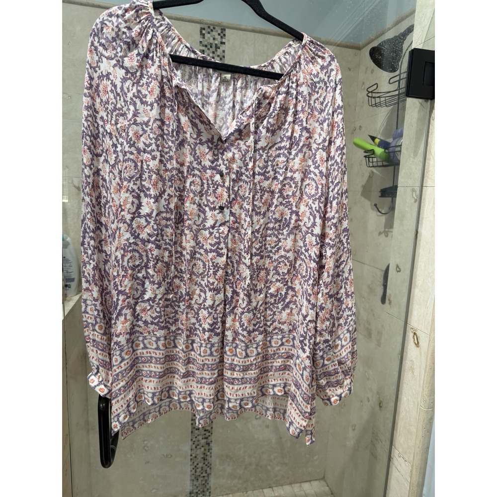 Lucky Brand Womens Purple Orange Floral Boho Long Sleeve Blouse Top XL